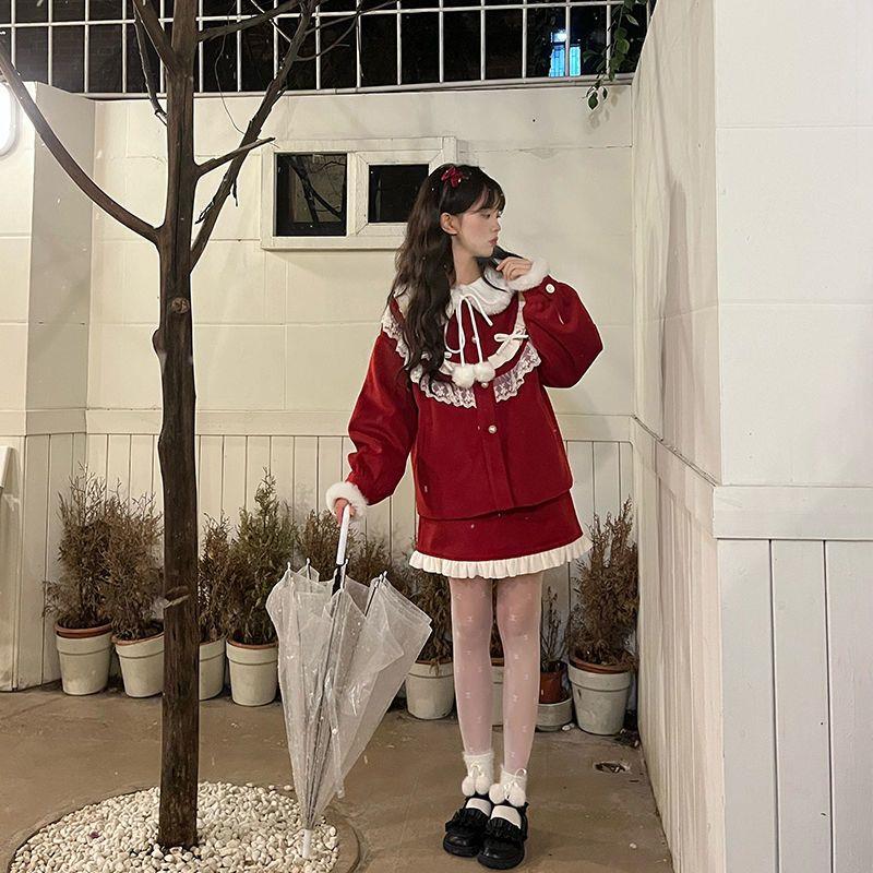 2026巨好看冬j装套装冬季新款红丝绒蛋糕新年战袍毛呢套装女短款