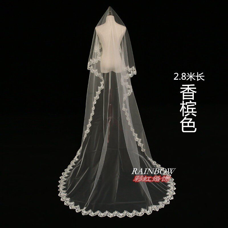 头纱香槟色/乳白色蕾丝花边头纱婚纱新款韩式长拖尾新娘结婚头纱