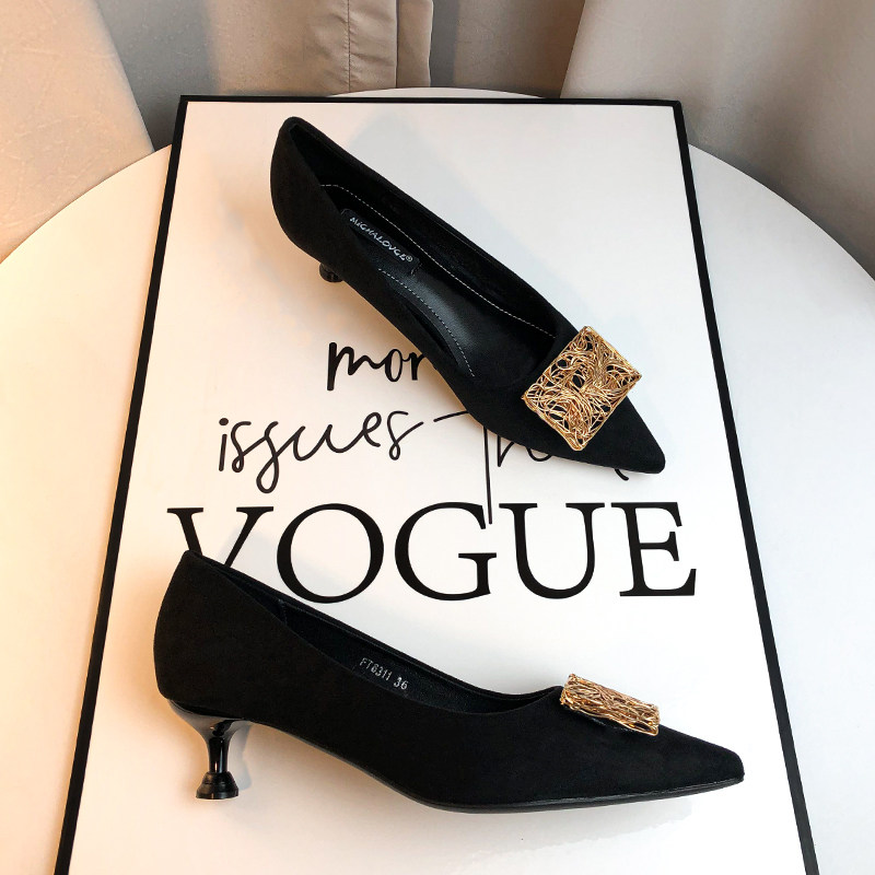 尖头细跟职业高跟鞋女黑色夏气质百搭2022年新款绒面单鞋低跟3cm