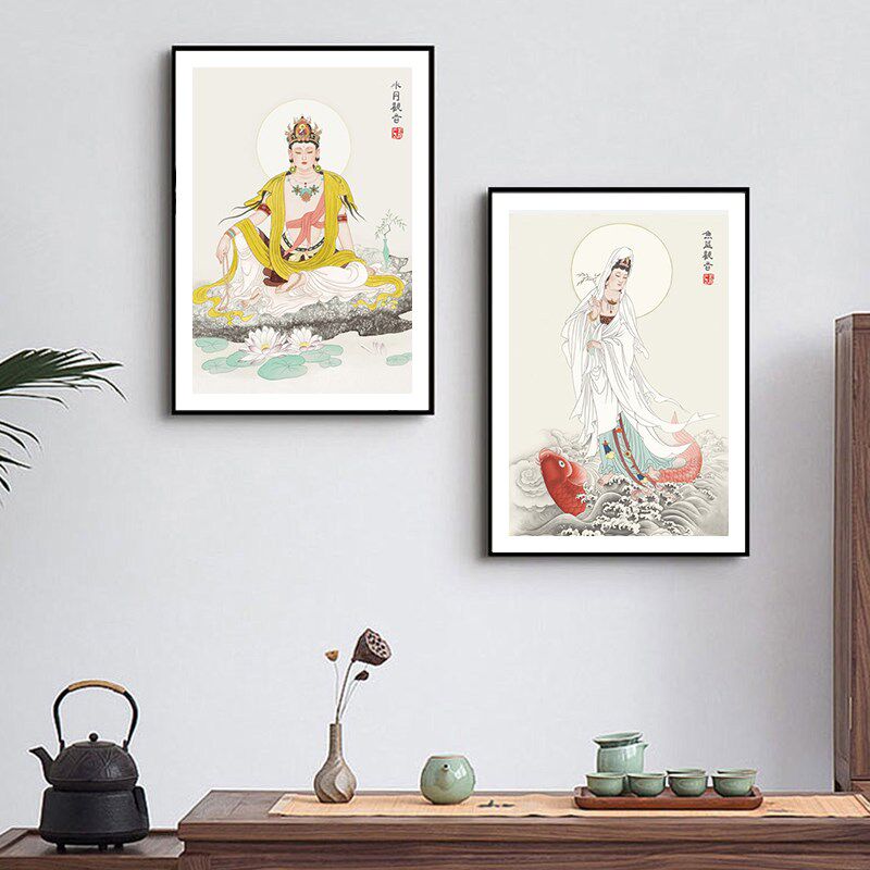 杨柳观音画像刘藏元版画送子观音药师佛水月观音鱼篮观音居家挂画