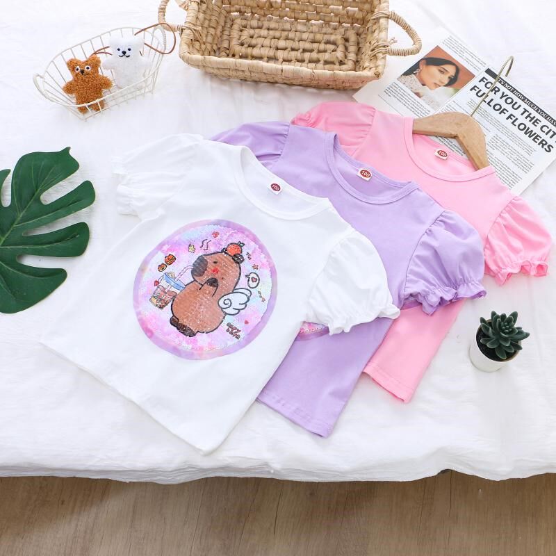女童纯棉短袖t恤夏季卡通儿童变色亮片衣服女孩宝宝泡泡半袖上衣