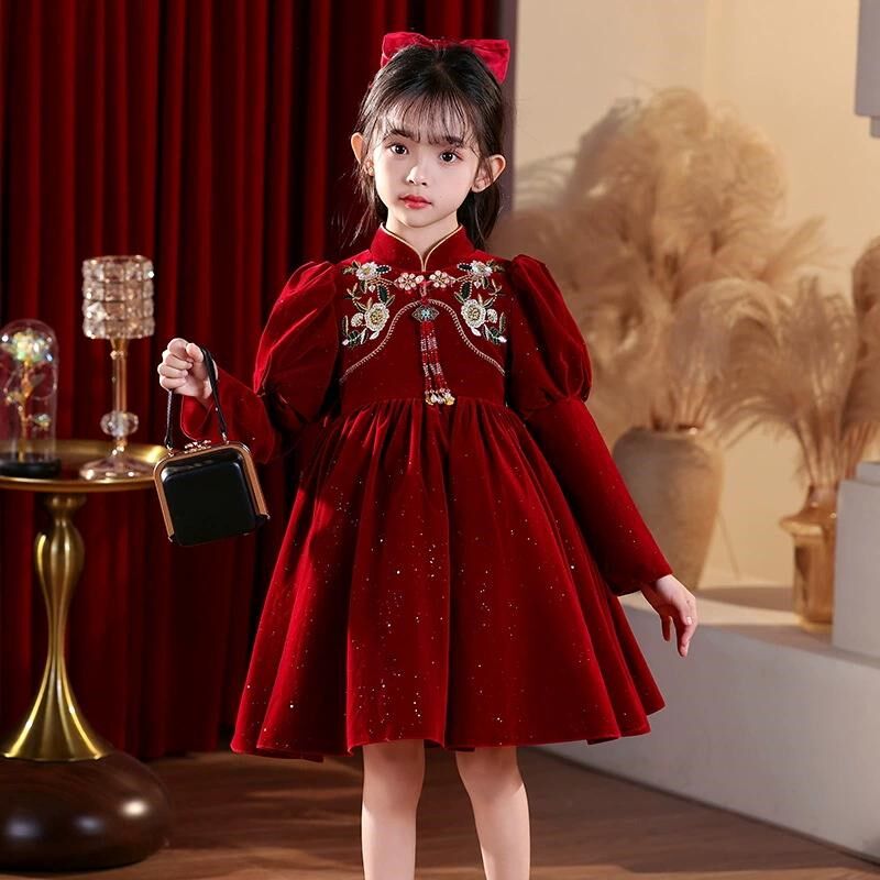 女童旗袍连衣裙秋冬款儿童新中式公主裙2024新款女孩过年喜庆衣服