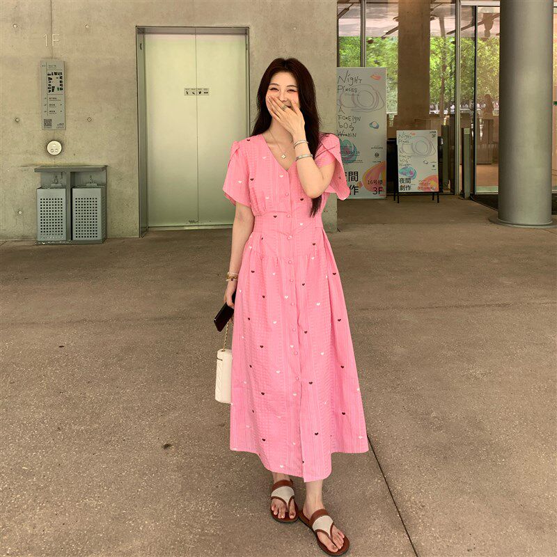 NAZ那子大码夏季精梳棉绣花高腰裙胖mm爱心刺绣洋气时尚连衣裙女