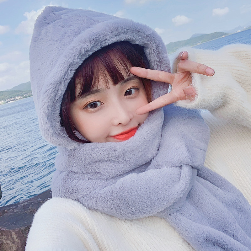 新款冬季女帽子围巾手套三件一套细绒可爱保暖连帽围巾加厚无耳朵