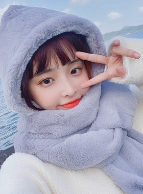 新款冬季女帽子围巾手套三件一套细绒可爱保暖连帽围巾加厚无耳朵
