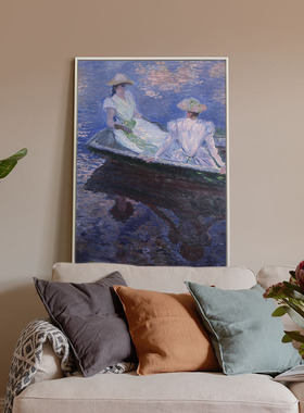 二狗姑娘 莫奈在船上 欧式样板房卧室挂画装饰画墙画墙面墙壁画框