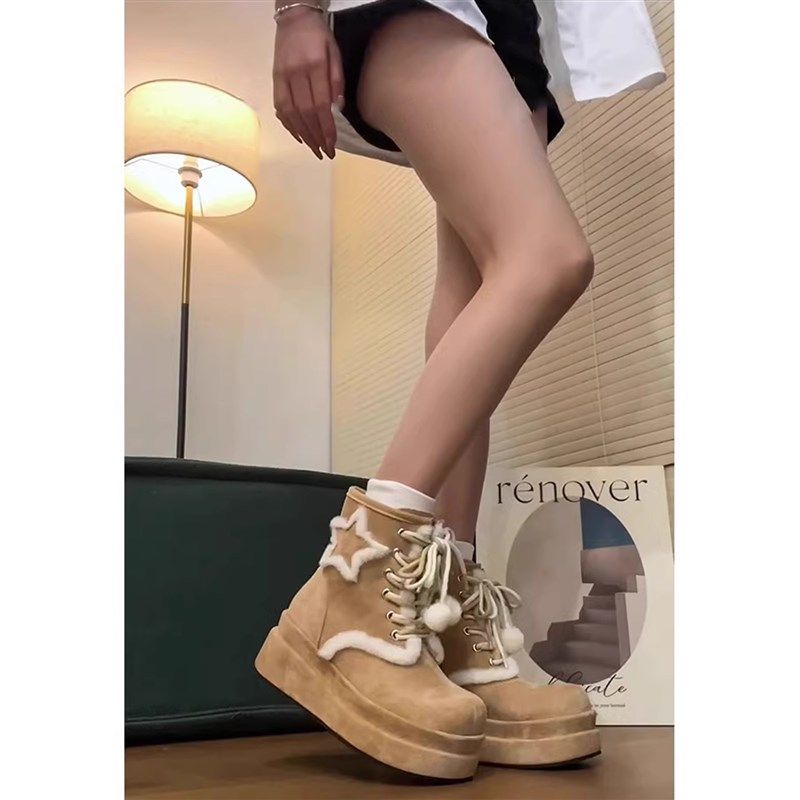 2024新款复古厚底雪地靴女款冬季防滑短筒马丁靴加绒加厚保暖棉鞋