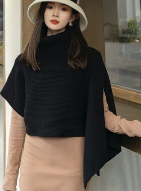 高领大衣外套头毛衣斗篷披肩女秋冬外塔保暖脖套毛线针织围巾围