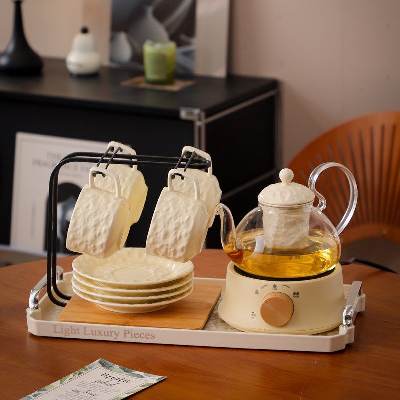乔迁水杯套装花茶壶加热养生茶具煮茶茶杯下午茶精致高档咖啡杯碟
