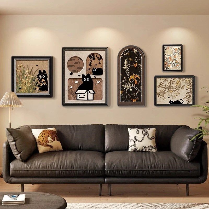 法式复古客厅装饰画小众艺术猫咪组合画挂画中古风沙发背景墙壁画,家居饰品,现代装饰画,淘宝优惠券,粉丝福利购,淘宝优惠卷