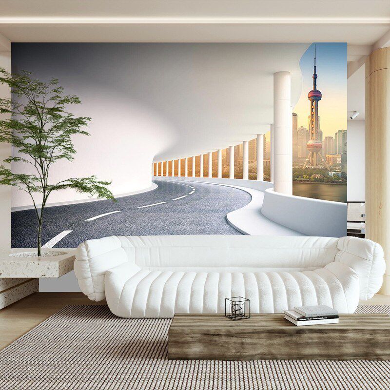 上海建筑墙布风景图壁画视觉延伸壁纸办公室健身房墙贴画客厅壁布