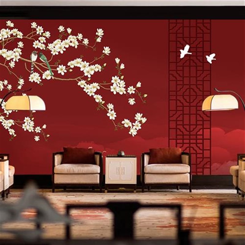新中式花鸟红墙壁画国潮中国风z餐厅饭店壁布火锅店烧烤店背景墙