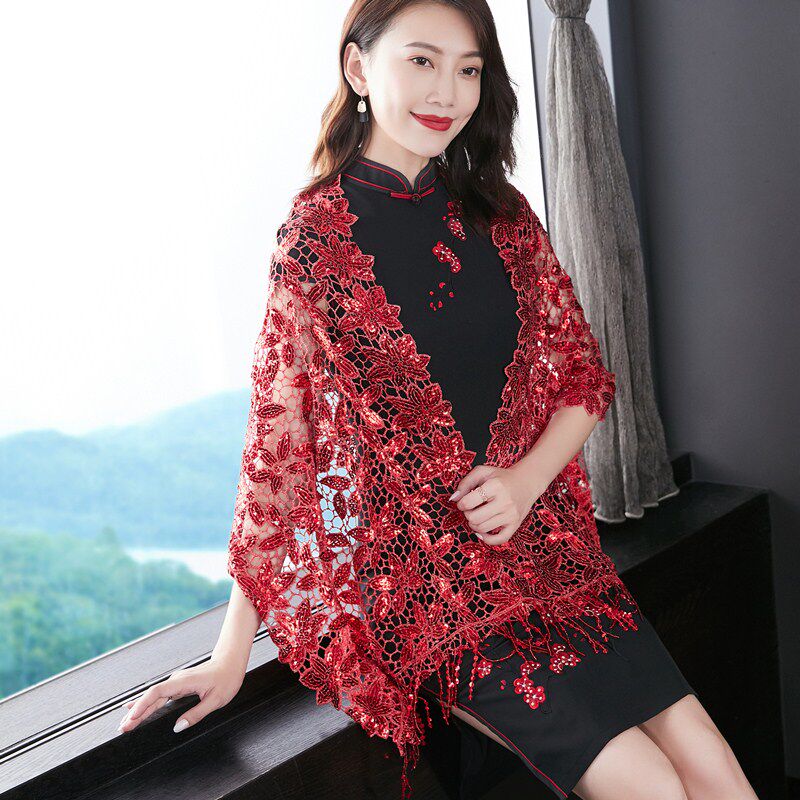 披肩围巾两用夏天百搭多功能婚礼妈妈礼服宴会蕾丝亮片配旗袍披风