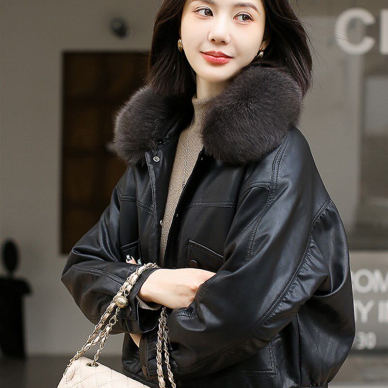 小个子加绒加厚皮衣外套女2023年秋冬季新款韩版休闲PU皮夹克棉衣