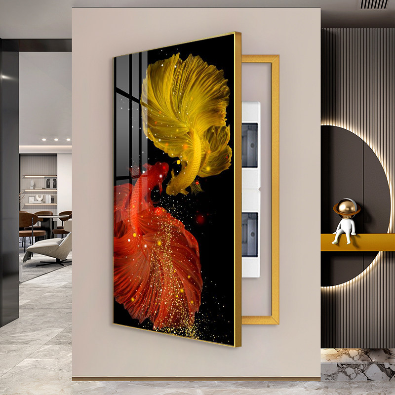 电箱遮挡盖板电表箱装饰画竖款大尺寸新中式鱼配电箱轻奢风弱电箱,家居饰品,现代装饰画,淘宝优惠券,粉丝福利购,淘宝优惠卷