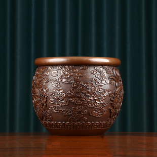 紫铜龙缸摆件铜缸入户聚宝盆中式办公室装饰品创意画卷收纳缸