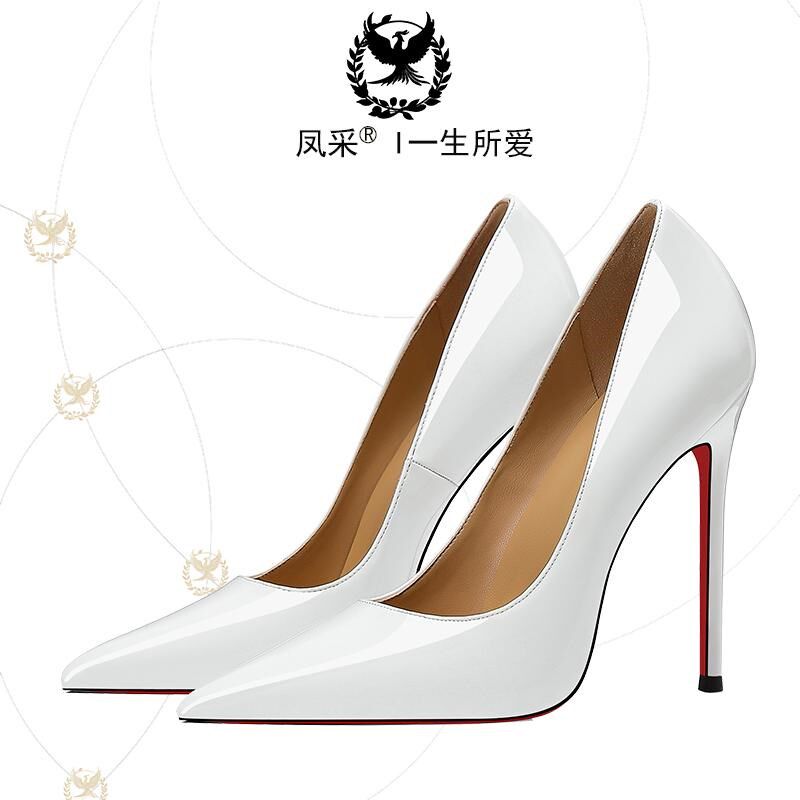 2025春季新款真皮红底超高跟鞋女细跟尖头白色气质职业大码单鞋女