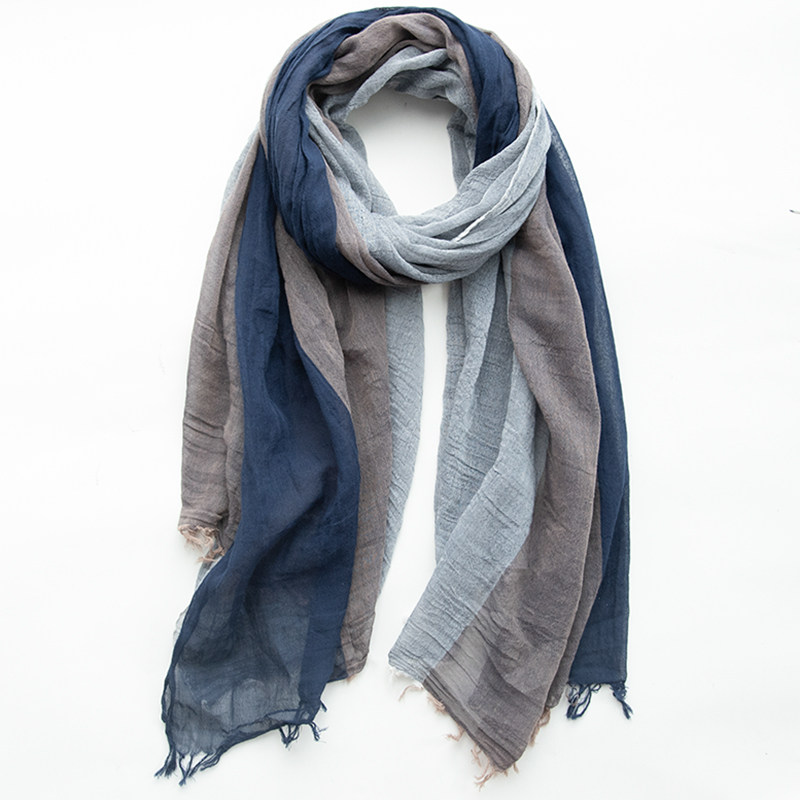 复古气质 拼接色纯棉围巾女春秋薄款加大披肩日系棉麻风冬季丝巾