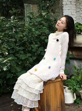 2024年秋冬季新款套装彩色波点杏色毛衣背心短裙+杏色针织打底衫