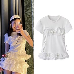 2025夏季新品甜美芭蕾风荷叶下摆拼接女士白色花边短袖T恤上衣