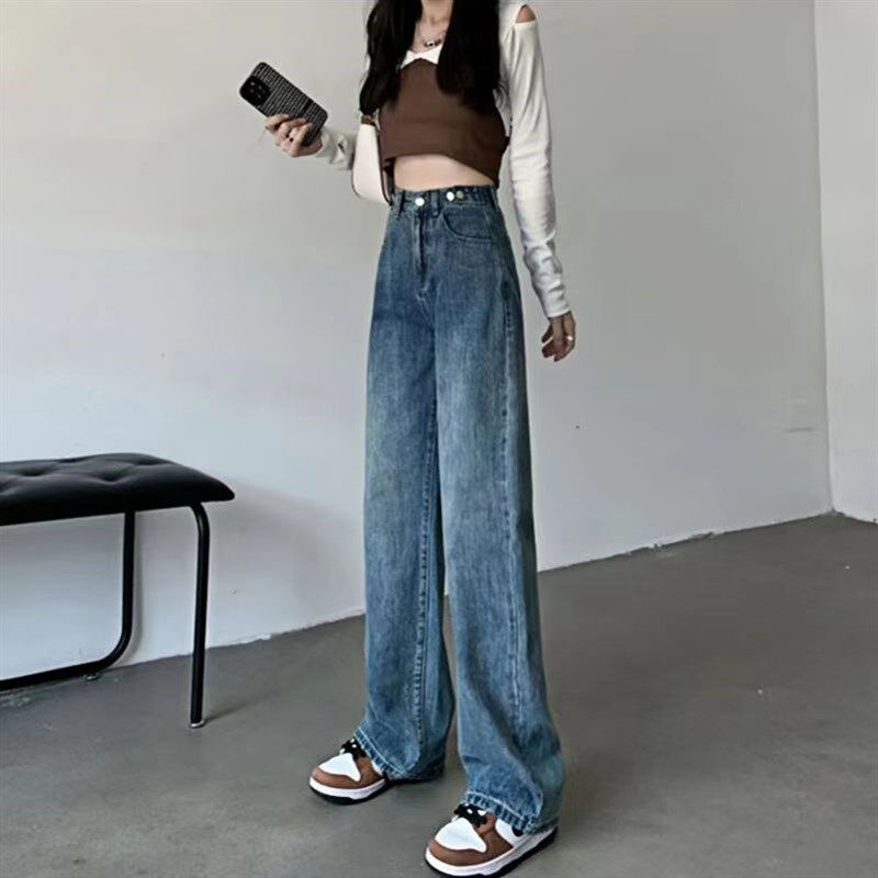 直筒牛仔裤女2024年新款时尚多扣可调节高腰修身显瘦长裤拖地裤子