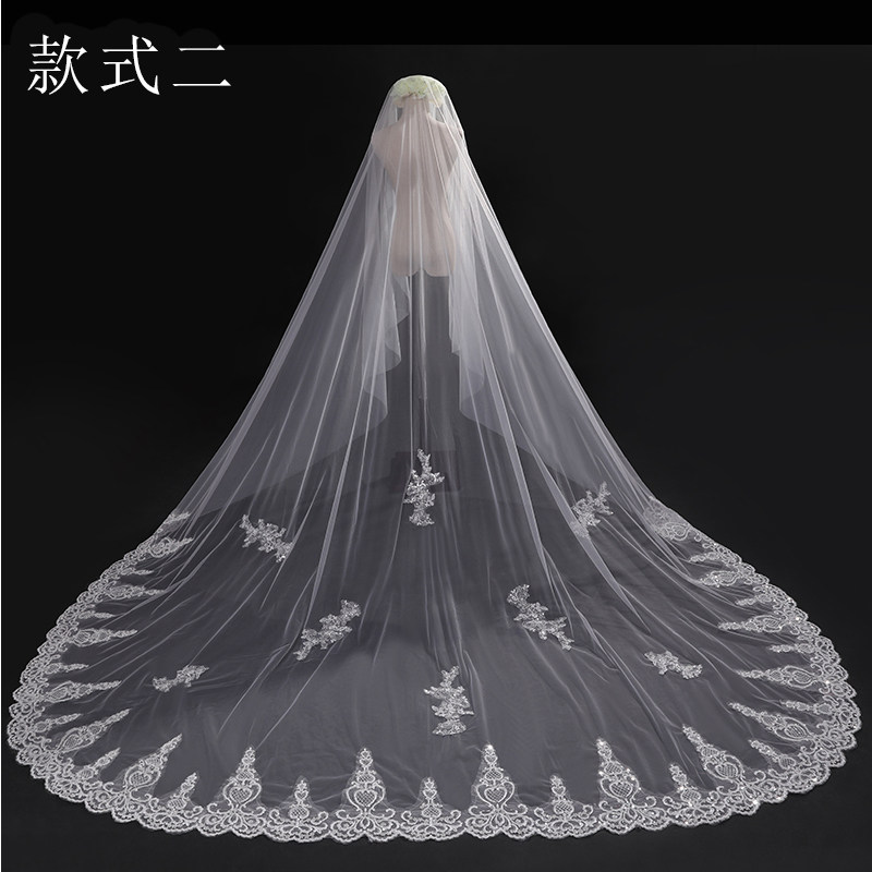 新款新娘头纱白色蕾丝大花边婚纱头纱  长款拖尾头纱豪华蕾丝头纱