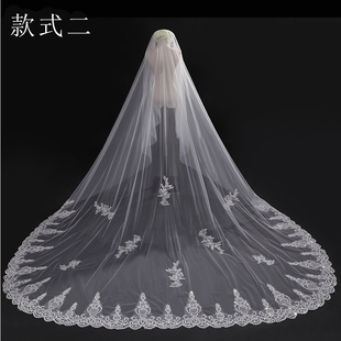 新款新娘头纱白色蕾丝大花边婚纱头纱  长款拖尾头纱豪华蕾丝头纱