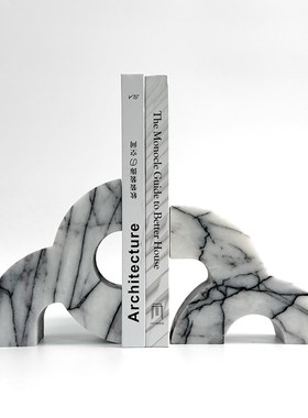 现代轻奢侘寂风大理石书档摆件样板房装饰艺术抽象几何雕刻书靠