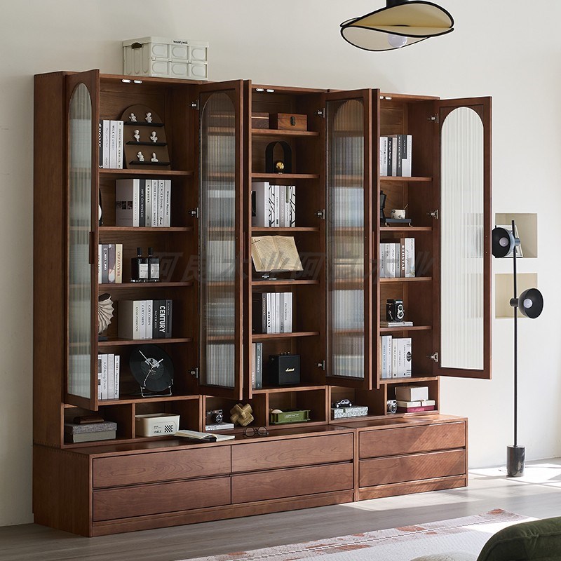 实木书柜北美樱桃木法式复古风黑胡桃橡木玻璃门客厅满墙书柜定制