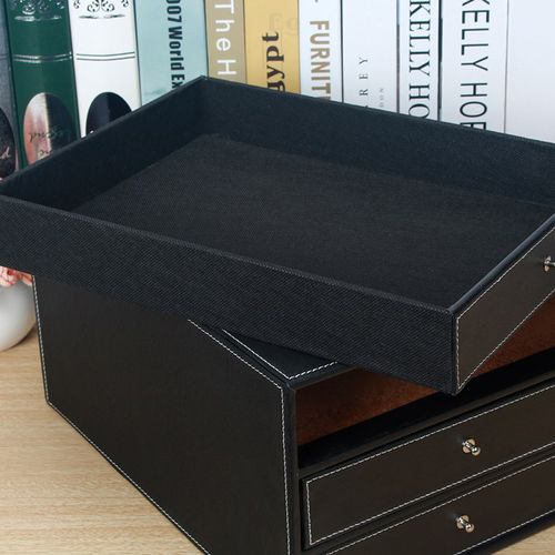 皮革桌面办公用品文件柜收纳柜盒箱 纸带抽屉式 资料柜整理木质