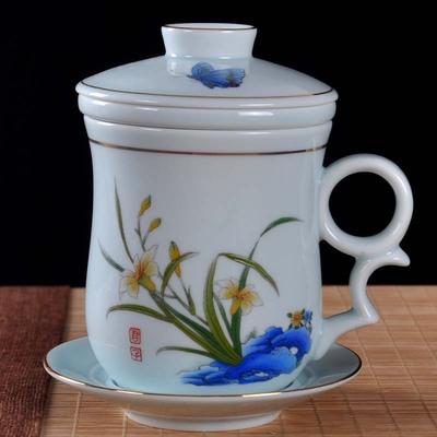 青瓷茶水分离陶瓷泡茶杯带过滤办公青花瓷个人杯花茶色釉喝茶水杯