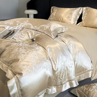 高端160支全棉四件套床单床笠裸睡轻奢床上用品4贡缎提花被套纯棉