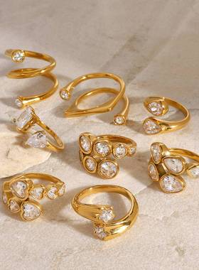 杰鼎18k金不锈钢锆石开口戒指高级感ins指环钛钢手饰品跨境rings