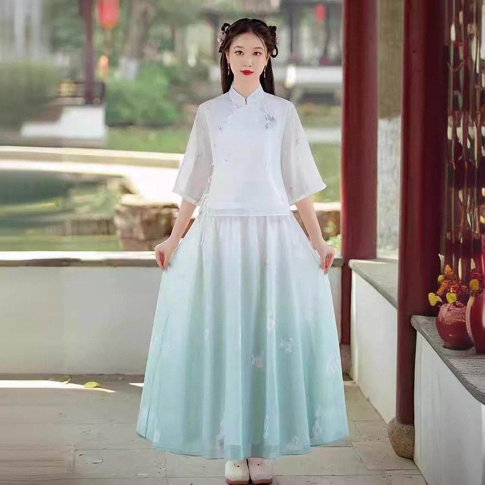 中国风改良唐装汉服套装女文艺七分袖上衣休闲薄款半身裙两件套