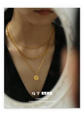 黄铜镀18K真金 网红潮流吊牌叠戴风双层链条质感项链简约叠戴颈链