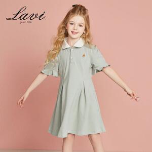 LAVI新款女童连衣裙V字型设计微弹中长裙短袖休闲小翻领中小童