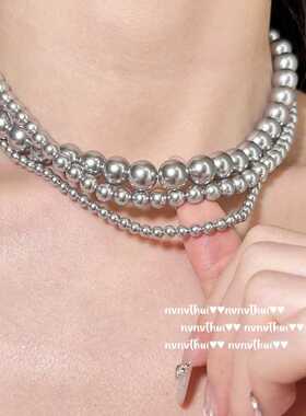 鱼姬炫彩铂金灰珍珠项链 摩登邂逅 真多麻灰珠 深海贝珠项链 叠戴