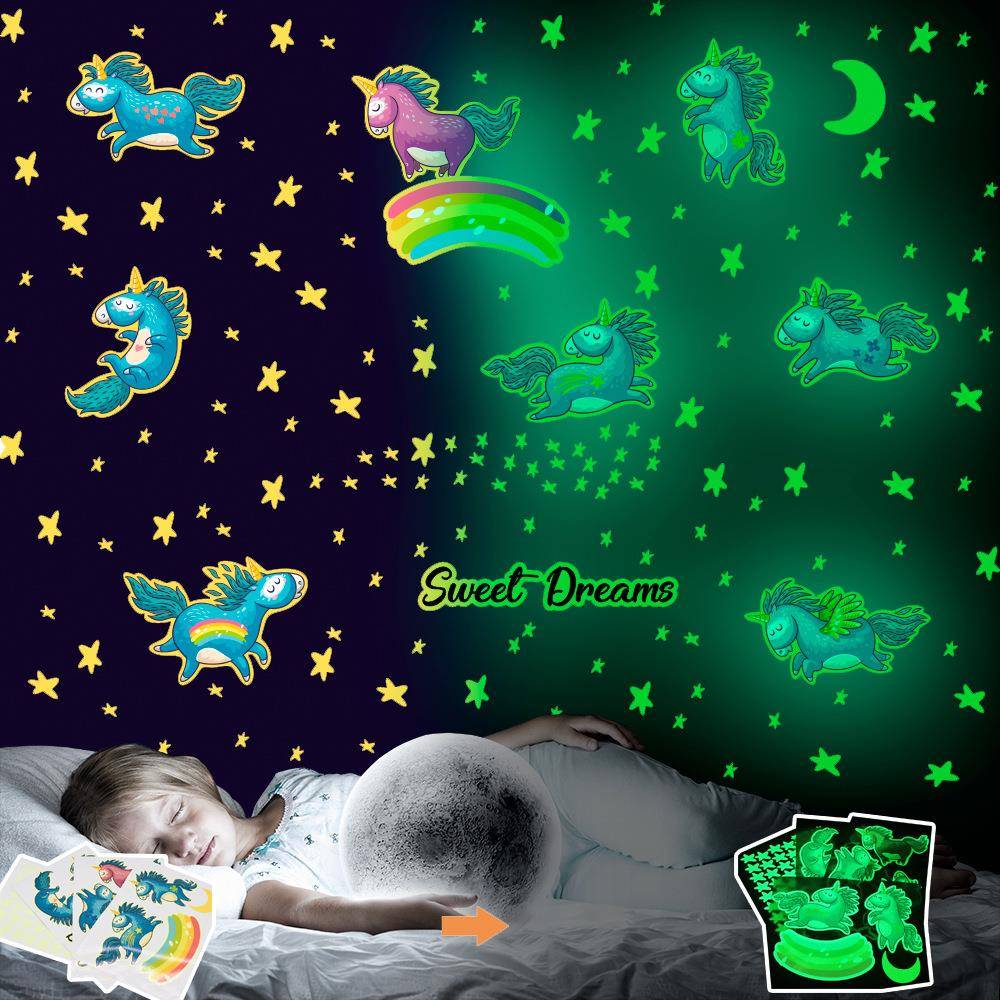 YGP010夜光独角兽星星墙贴 儿童房装饰梦幻星空卡通荧光自粘贴纸