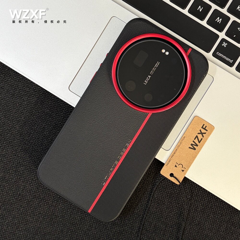 wzxf[红色金属镜头框]素皮钻石纹拼接手机壳黑色适用小米17ultra/15U/14U/13U新款防摔皮纹por大孔商务女男款
