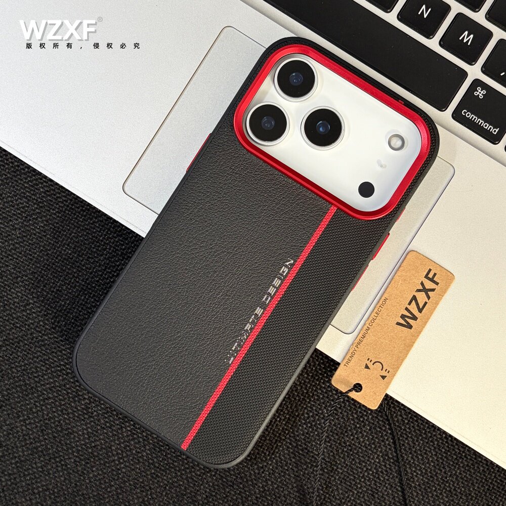 红色金属镜头框素皮钻石纹拼接手机壳黑色适用苹果iPhone18ProMax/17pro/16por/15pm新款防摔皮纹大孔商务男