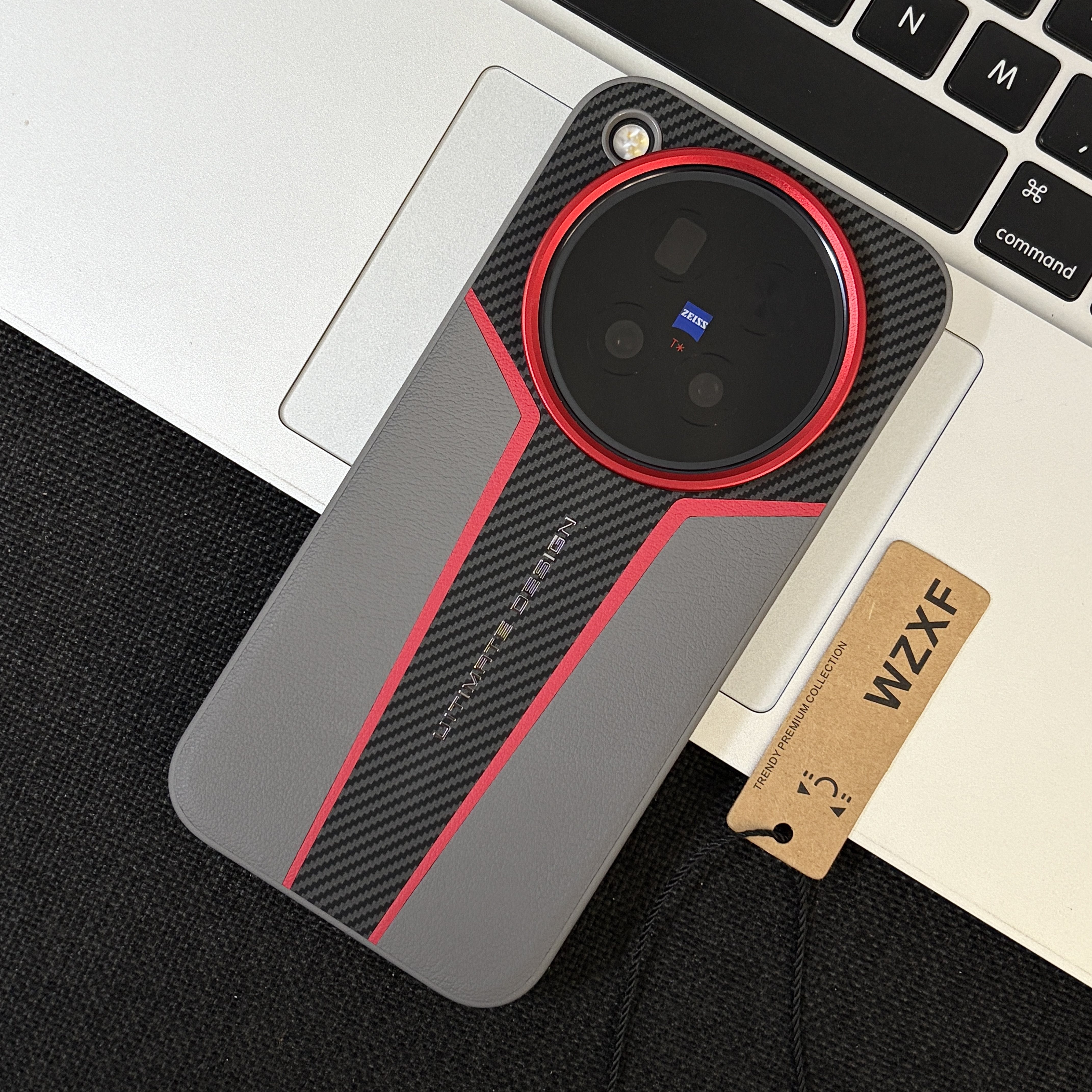 wzxf碳纤维纹红框大孔手机壳灰色适用vivox500pro/x500promax新款软边硬壳凯夫拉纹pormax皮纹高级感保护套男