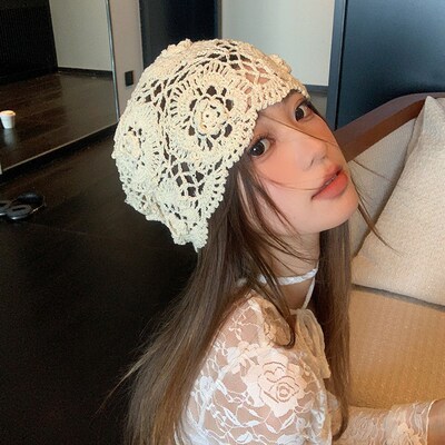 粥可可手工编织钩针镂空帽子女春夏高级感薄款白色针织包头蕾丝帽