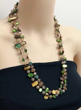 中古不规则彩色贝壳项链女波西米亚咖水晶串珠双层项链复古锁骨链