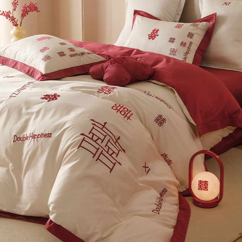 新中式婚嫁床上四件套全棉60支喜字刺绣红色结婚庆被套床单床笠