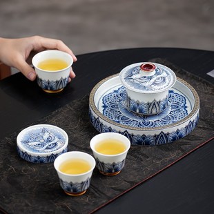 悬停旋转盖碗泡茶碗功夫茶具家用茶杯 半岭窑墨彩醒狮茶具套装