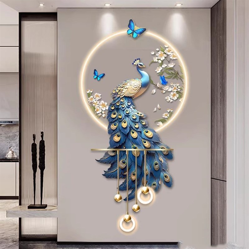 孔雀玄关装饰画高级感立体LED壁灯新中式入户走廊过道挂画2025新图片