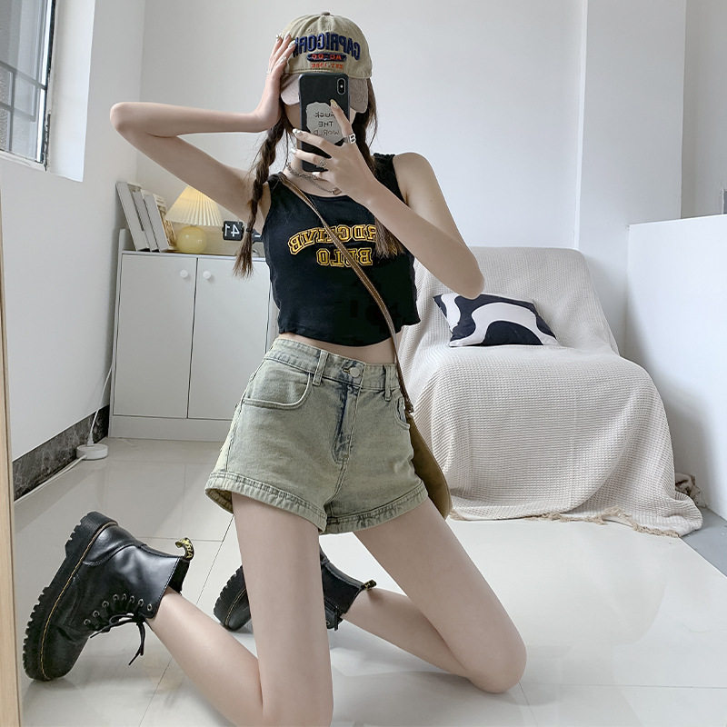 美式高腰牛仔短裤女款百搭薄款弹力裤修身显瘦辣妹包臀a字热裤子