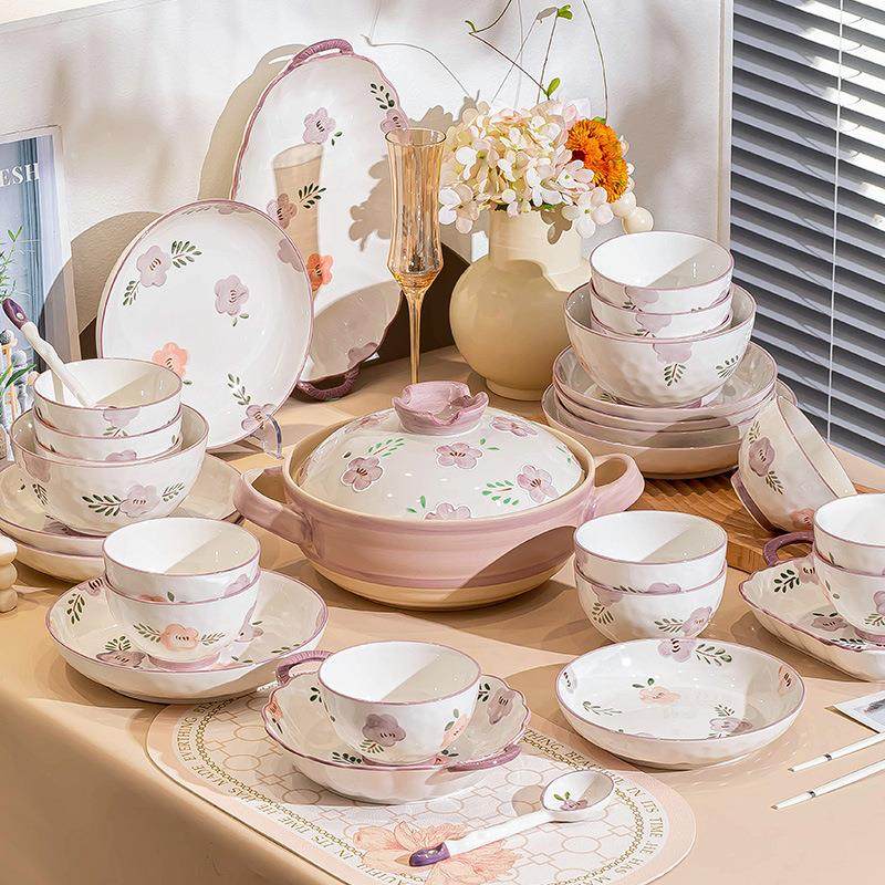 田园风家用碗碟套装陶瓷日式乔迁新居碗盘高颜值紫色饭碗汤碗组合