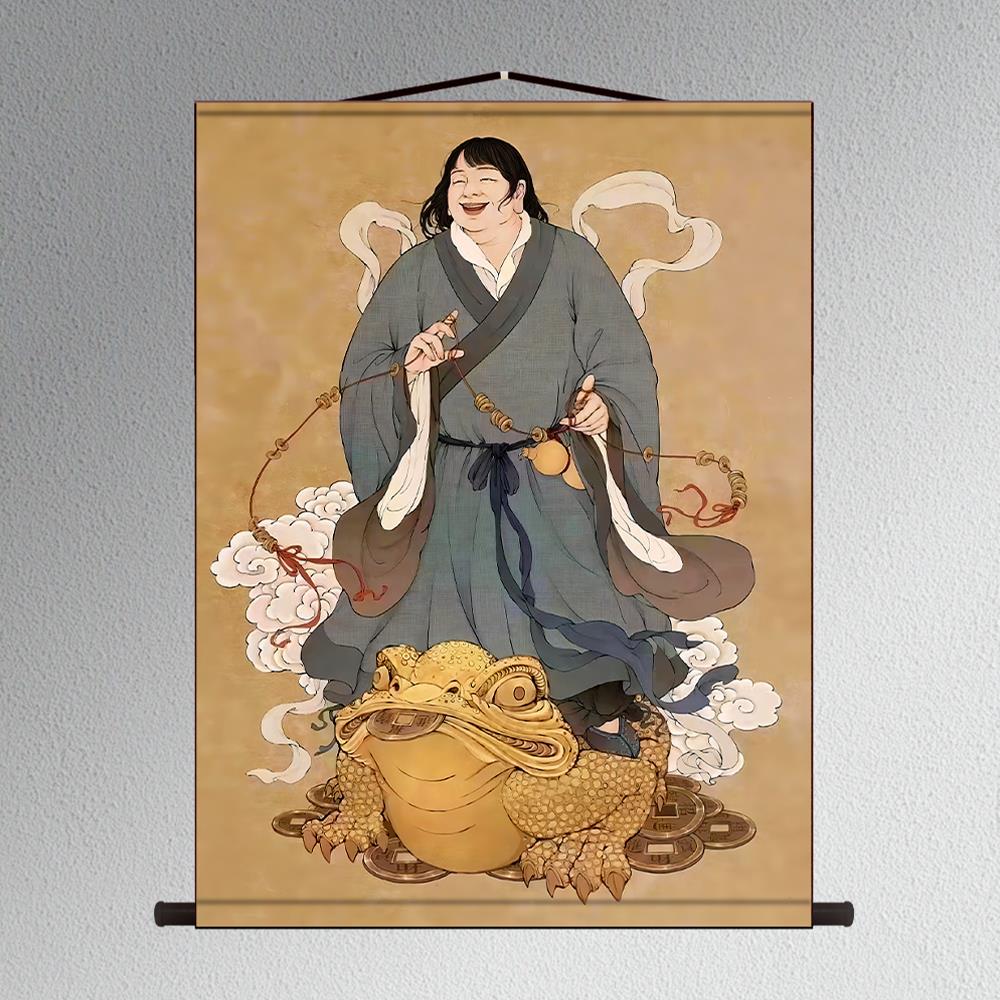 刘海玩金蟾蜍人像挂画吸引财富和入口大厅客厅卷轴画丝绸装饰壁画