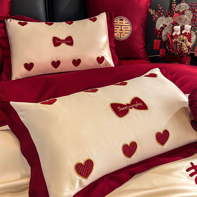 公主风结婚四件套新婚床上用品全棉红色喜I庆100支长绒棉抱枕六件,床上用品,婚庆床品套件,淘宝优惠券,粉丝福利购,淘宝优惠卷